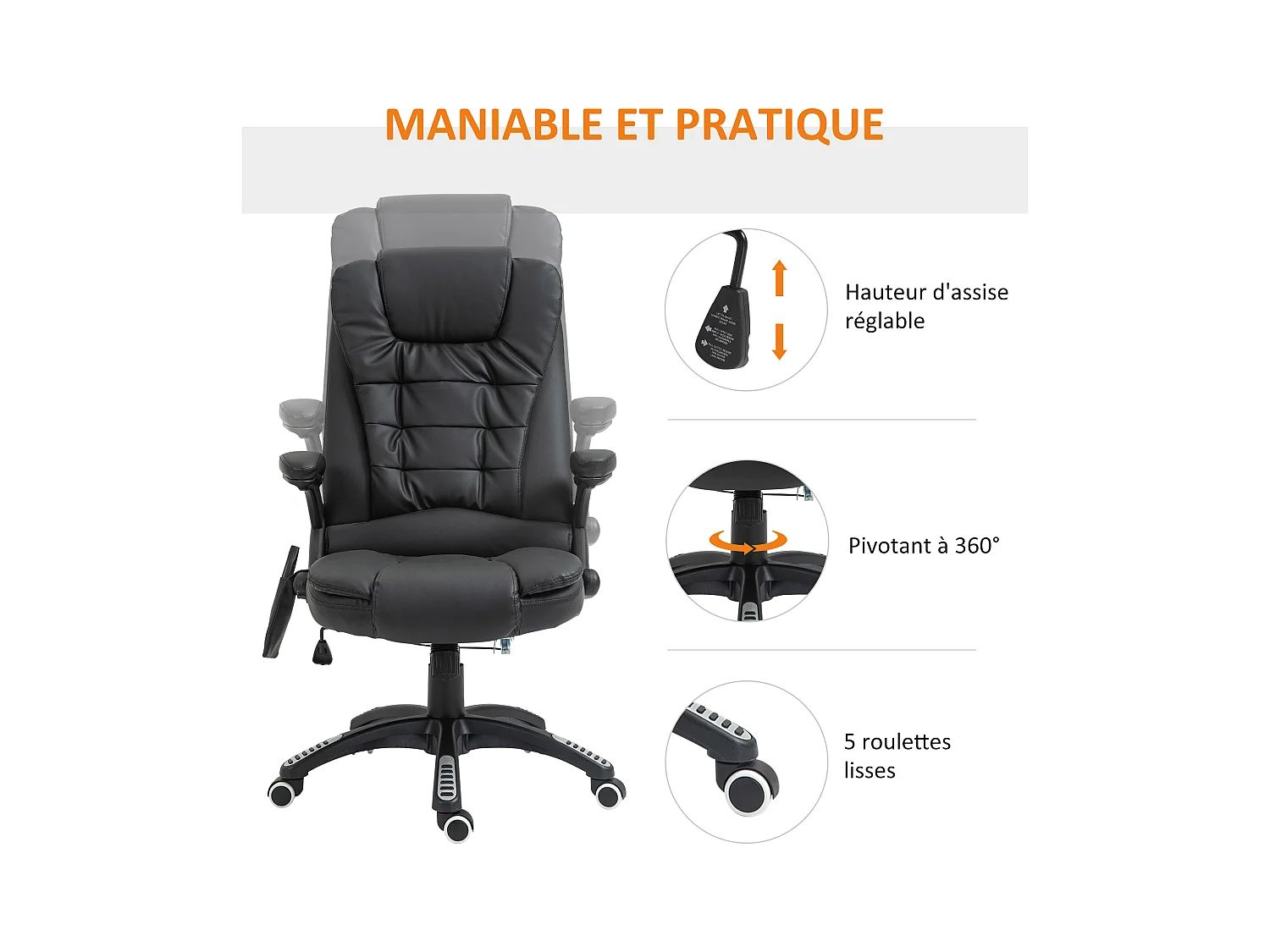 Fauteuil de bureau direction pivotant massant chauffant électrique revêtement synthétique noir