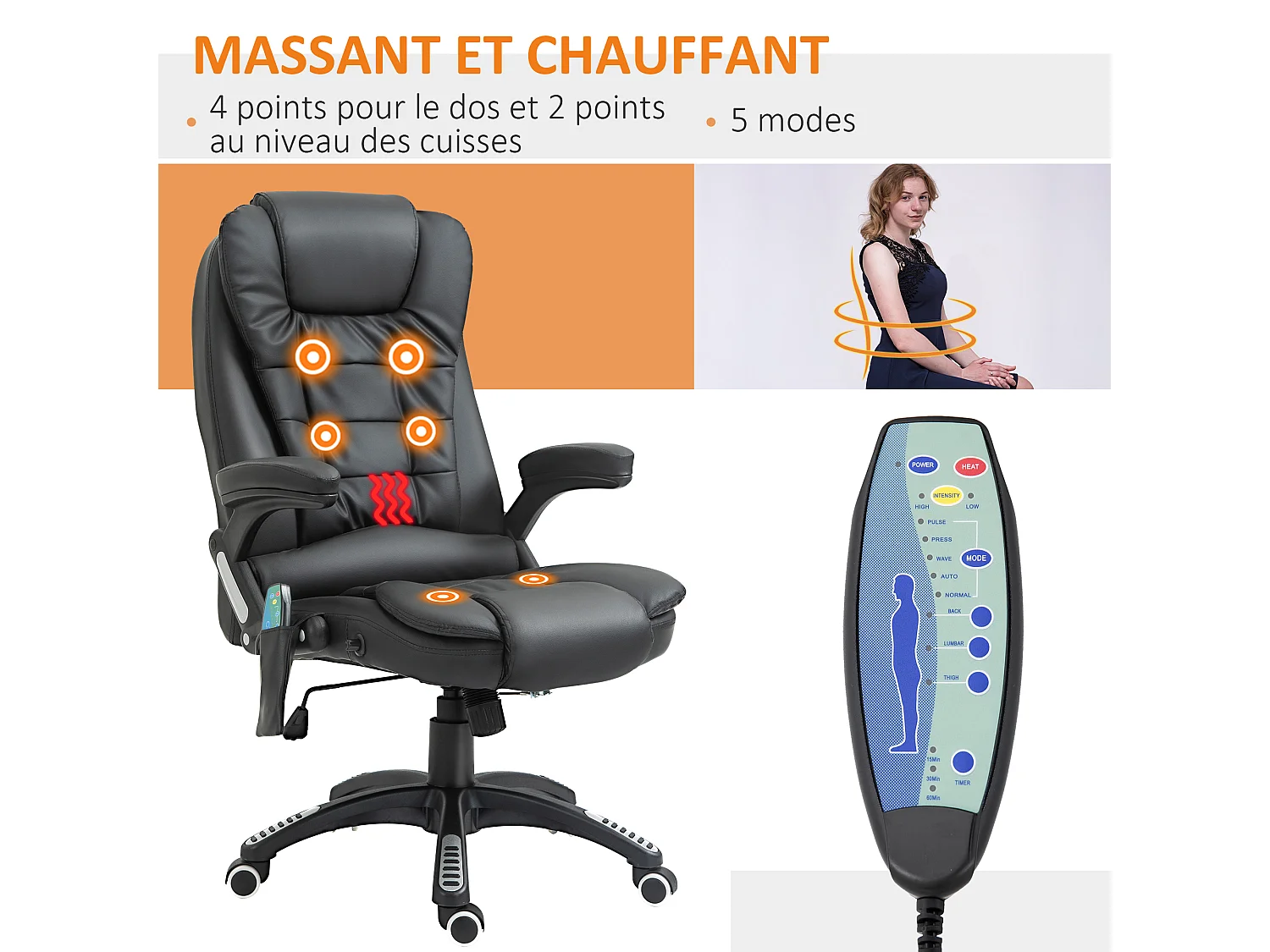 Fauteuil de bureau direction pivotant massant chauffant électrique revêtement synthétique noir