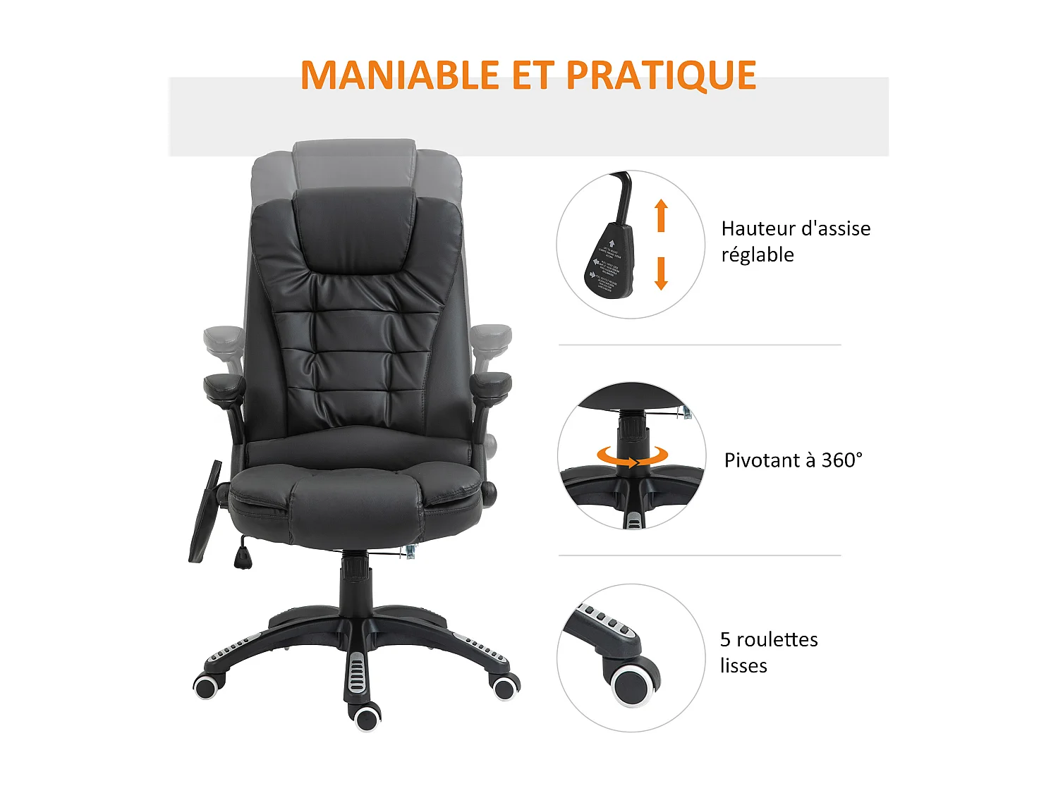Fauteuil de bureau direction pivotant massant chauffant électrique revêtement synthétique noir