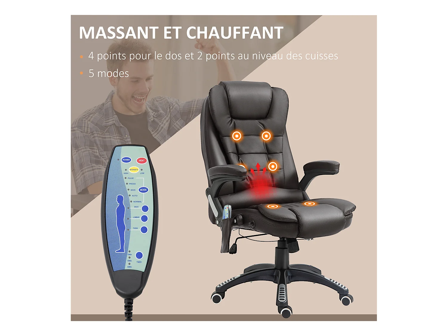 Fauteuil de bureau direction pivotant massant chauffant électrique revêtement synthétique chocolat