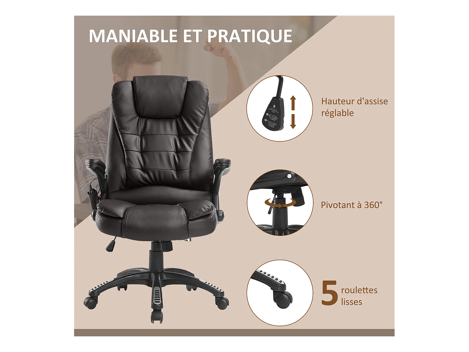 Fauteuil de bureau direction pivotant massant chauffant électrique revêtement synthétique chocolat