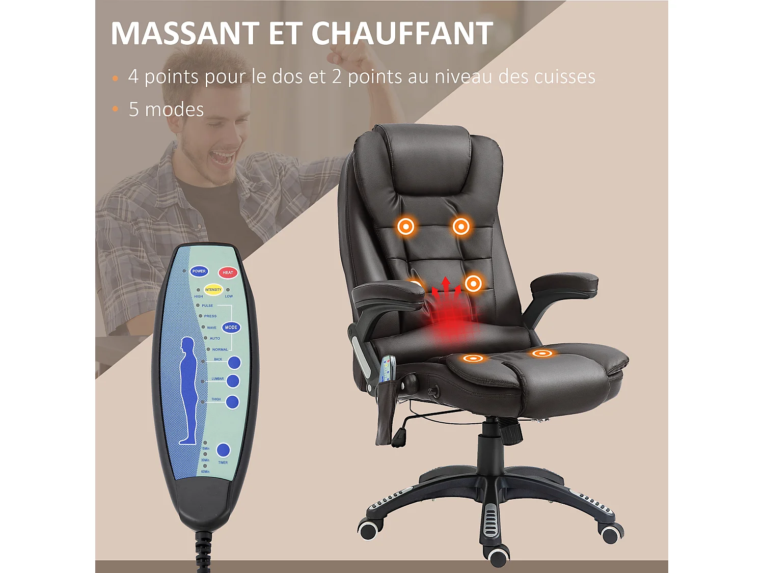 Fauteuil de bureau direction pivotant massant chauffant électrique revêtement synthétique chocolat