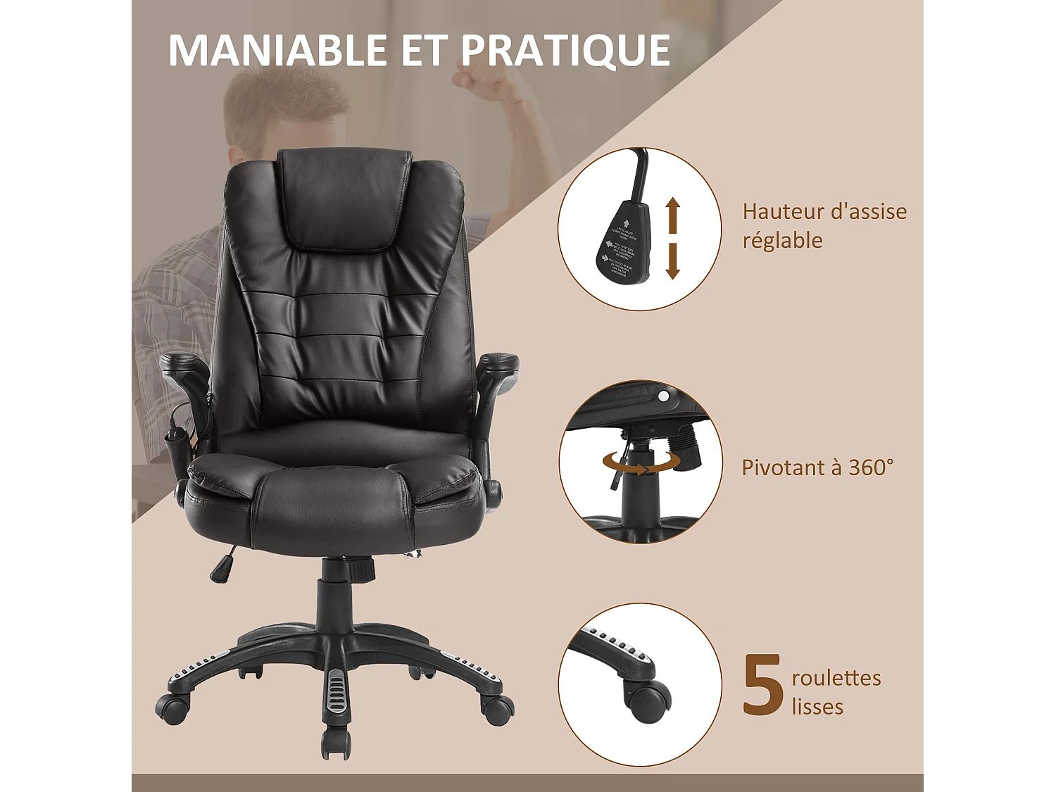 Fauteuil de bureau direction pivotant massant chauffant électrique revêtement synthétique chocolat