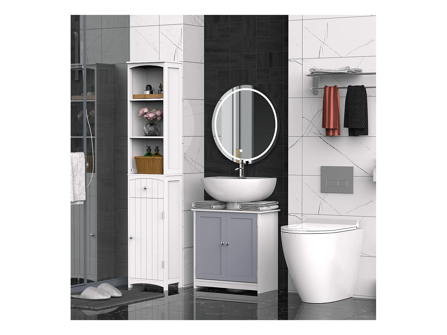 Meuble salle de bain - meuble sous-vasque - placard 2 portes avec étagère - dim. 60L x 30l x 60H cm - MDF gris blanc