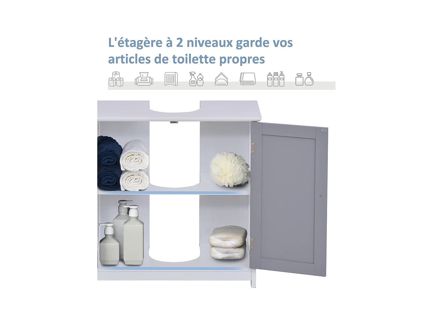 Meuble salle de bain - meuble sous-vasque - placard 2 portes avec étagère - dim. 60L x 30l x 60H cm - MDF gris blanc