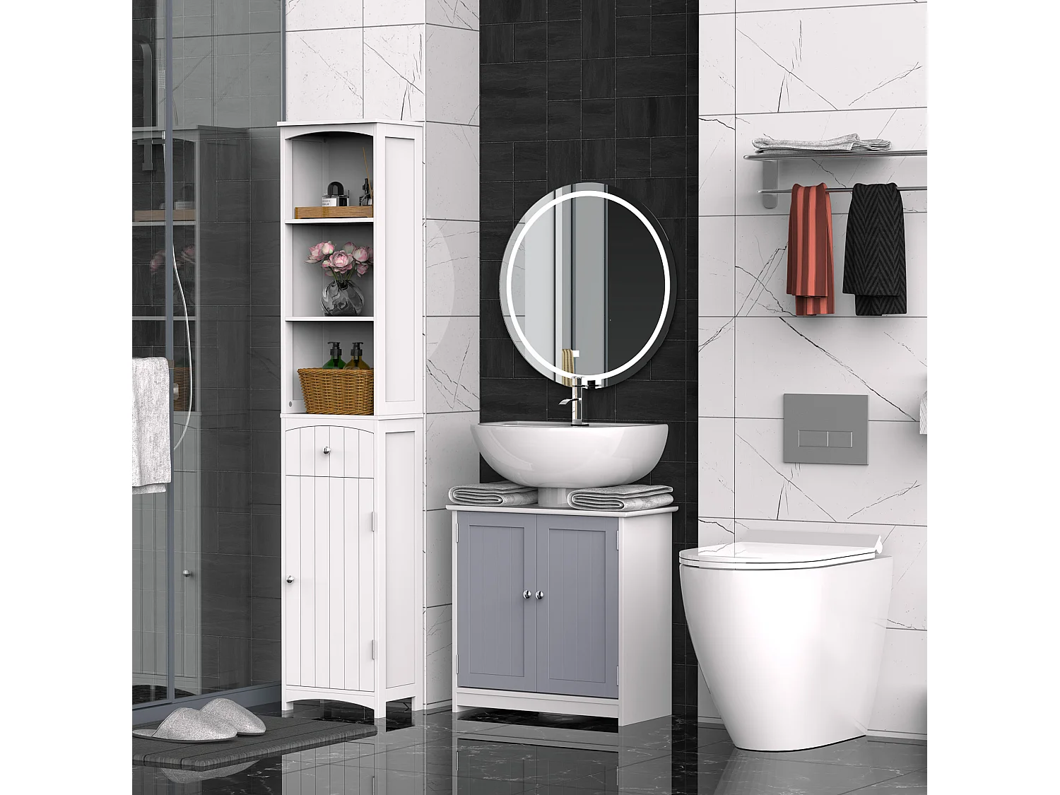 Meuble salle de bain - meuble sous-vasque - placard 2 portes avec étagère - dim. 60L x 30l x 60H cm - MDF gris blanc