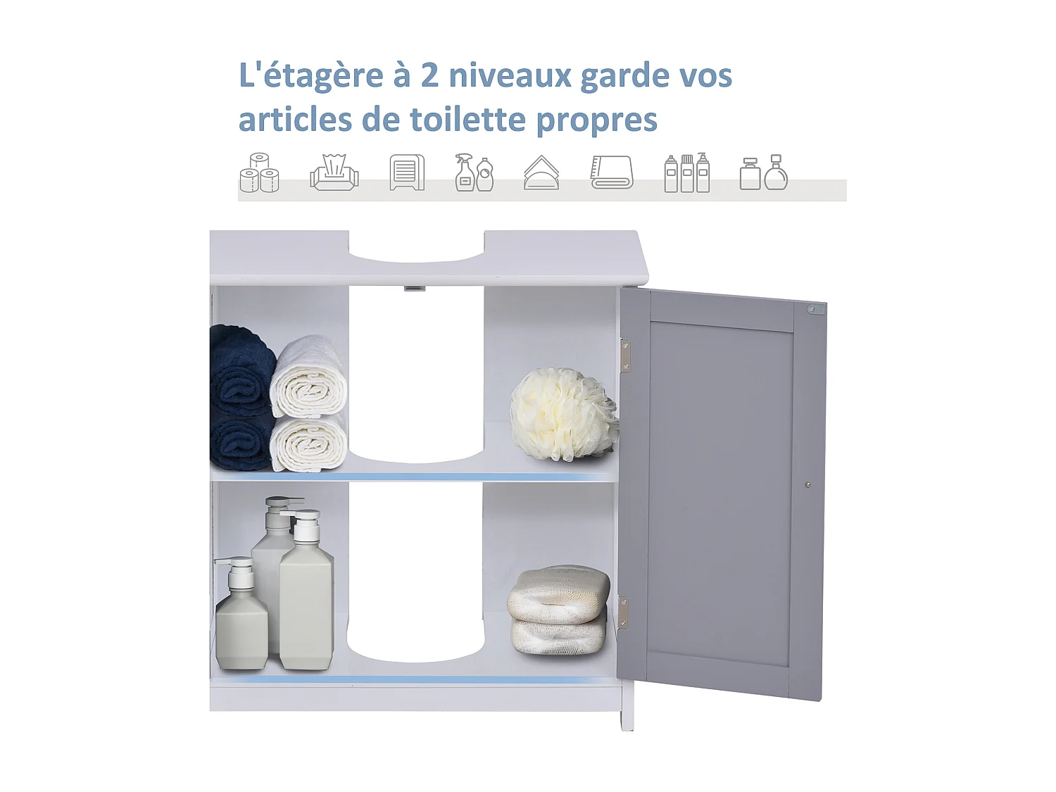 Meuble salle de bain - meuble sous-vasque - placard 2 portes avec étagère - dim. 60L x 30l x 60H cm - MDF gris blanc