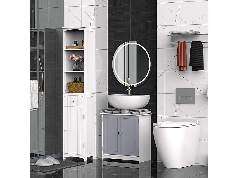 Meuble salle de bain - meuble sous-vasque - placard 2 portes avec étagère - dim. 60L x 30l x 60H cm - MDF gris blanc