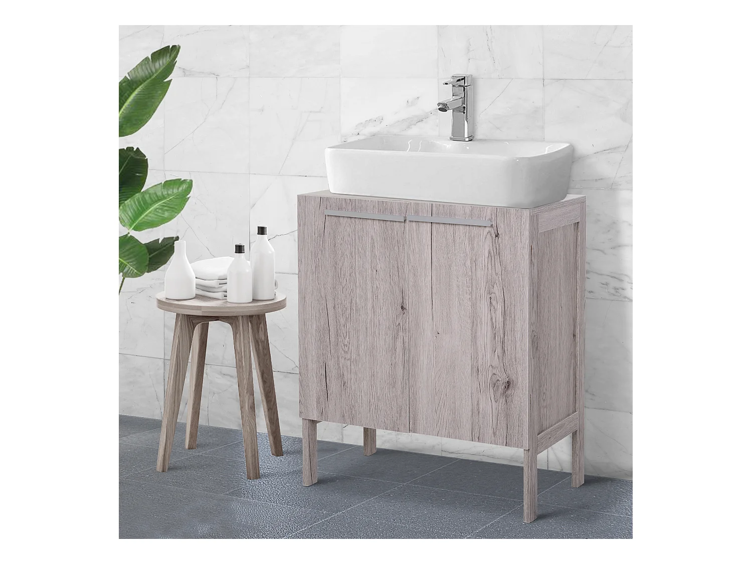 Meuble salle de bain - meuble sous-vasque - placard 2 portes avec étagère - dim. 60L x 30l x 70H cm - MDF imitation bois gris