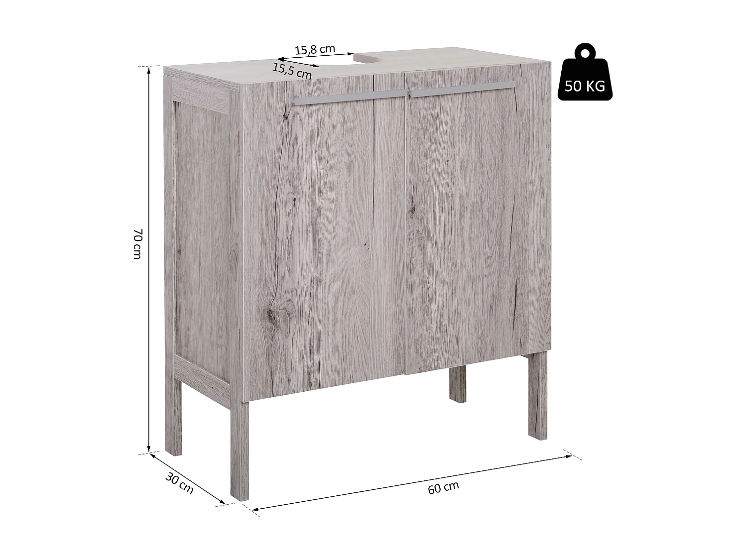 Meuble salle de bain - meuble sous-vasque - placard 2 portes avec étagère - dim. 60L x 30l x 70H cm - MDF imitation bois gris