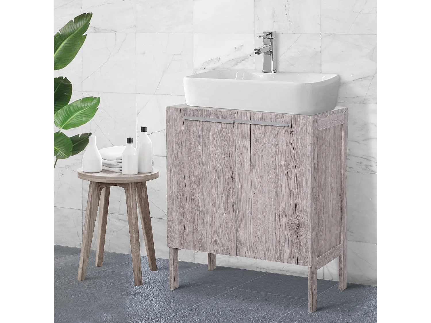 Meuble salle de bain - meuble sous-vasque - placard 2 portes avec étagère - dim. 60L x 30l x 70H cm - MDF imitation bois gris