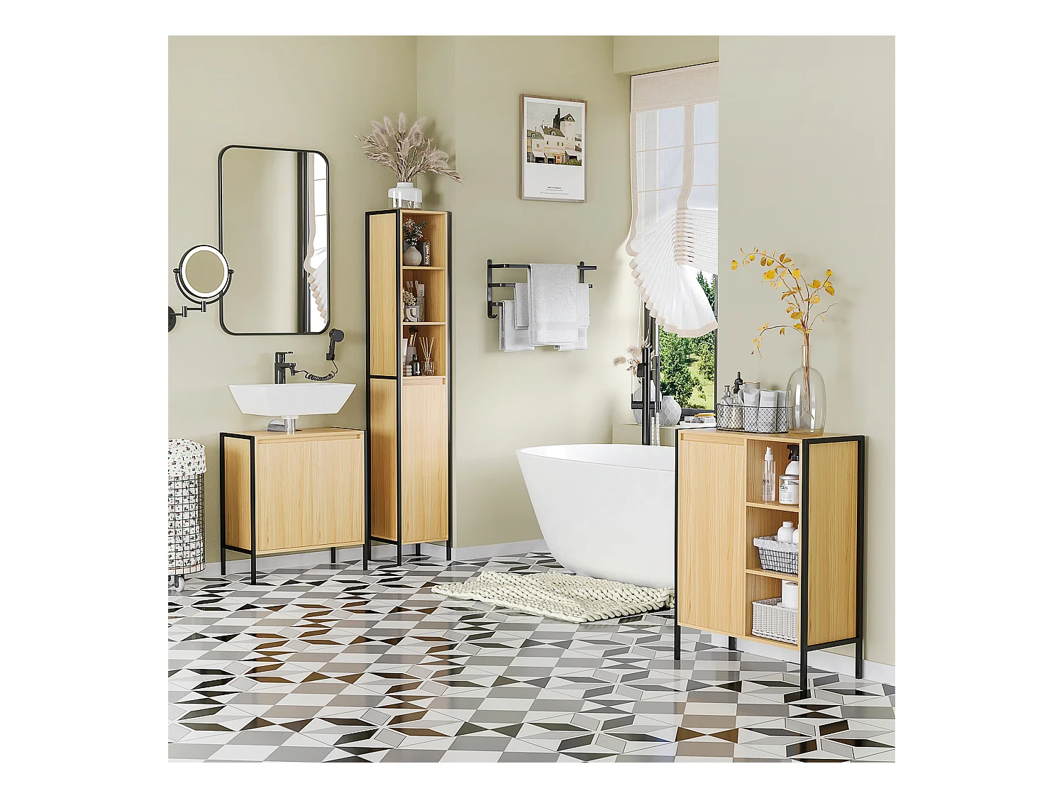 Meuble salle de bain - meuble sous-vasque - 2 portes, étagère réglable - dim. 60L x 30l x 65H cm - châssis acier noir panneaux aspect bois clair