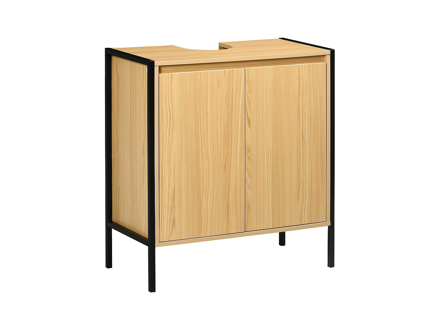 Meuble salle de bain - meuble sous-vasque - 2 portes, étagère réglable - dim. 60L x 30l x 65H cm - châssis acier noir panneaux aspect bois clair