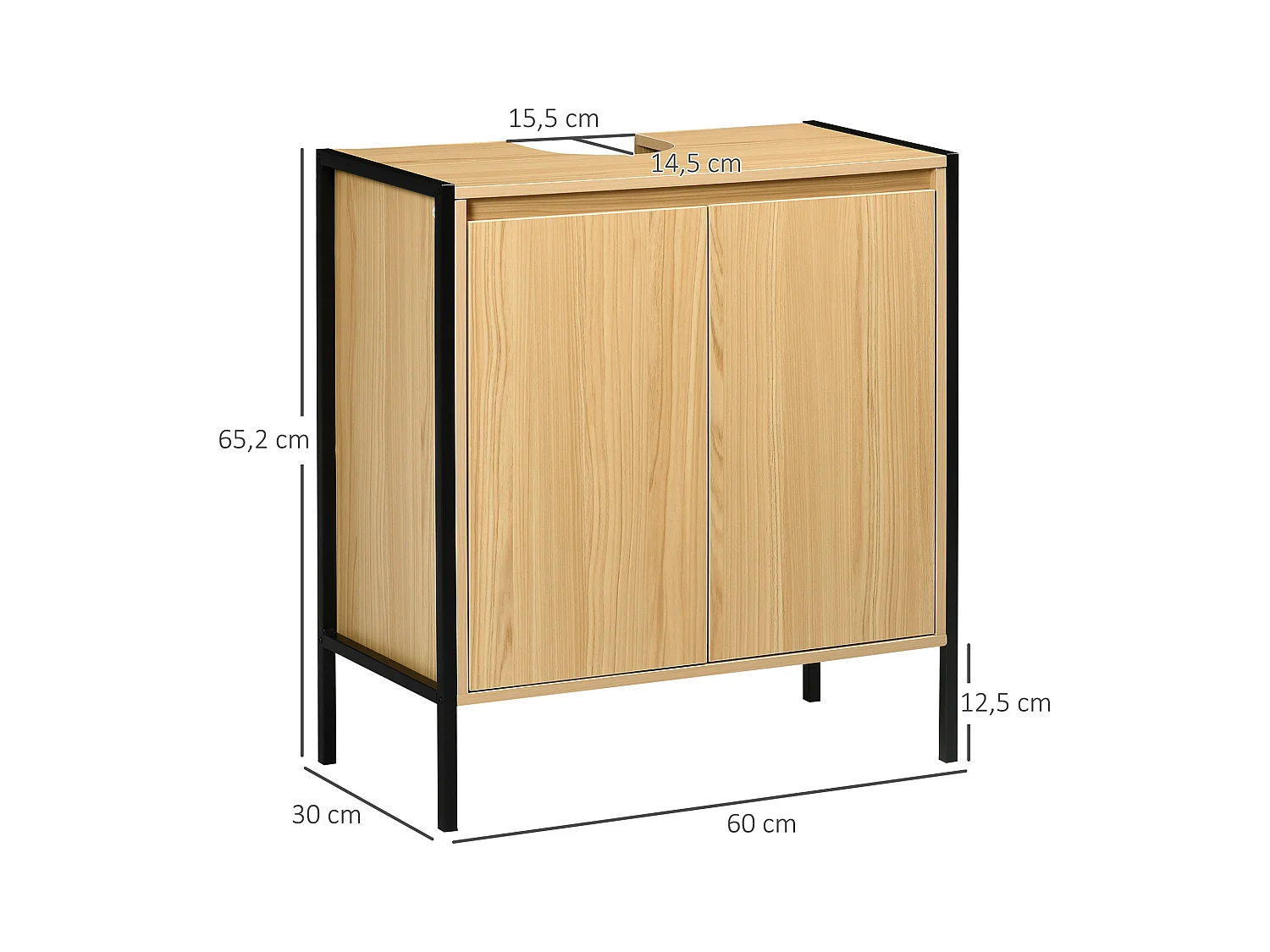 Meuble salle de bain - meuble sous-vasque - 2 portes, étagère réglable - dim. 60L x 30l x 65H cm - châssis acier noir panneaux aspect bois clair