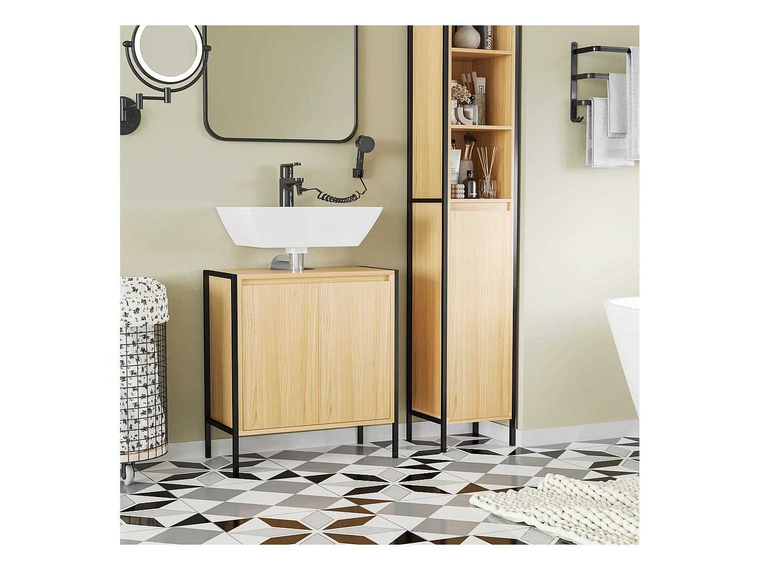 Meuble salle de bain - meuble sous-vasque - 2 portes, étagère réglable - dim. 60L x 30l x 65H cm - châssis acier noir panneaux aspect bois clair