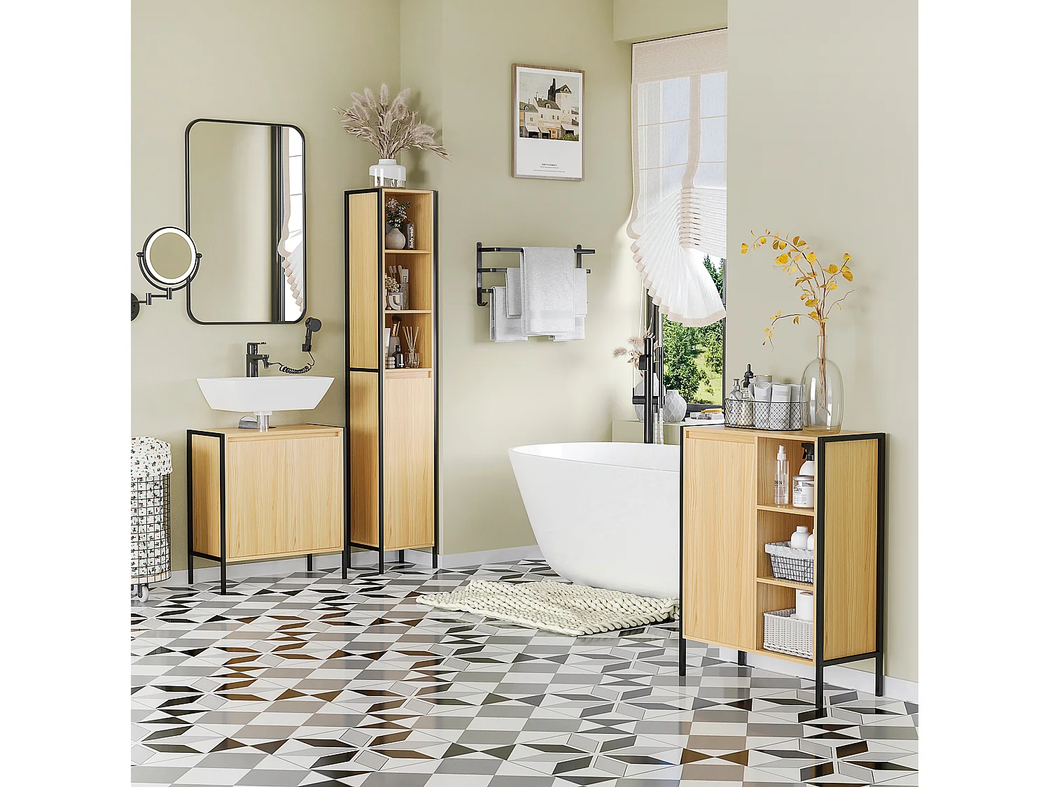 Meuble salle de bain - meuble sous-vasque - 2 portes, étagère réglable - dim. 60L x 30l x 65H cm - châssis acier noir panneaux aspect bois clair