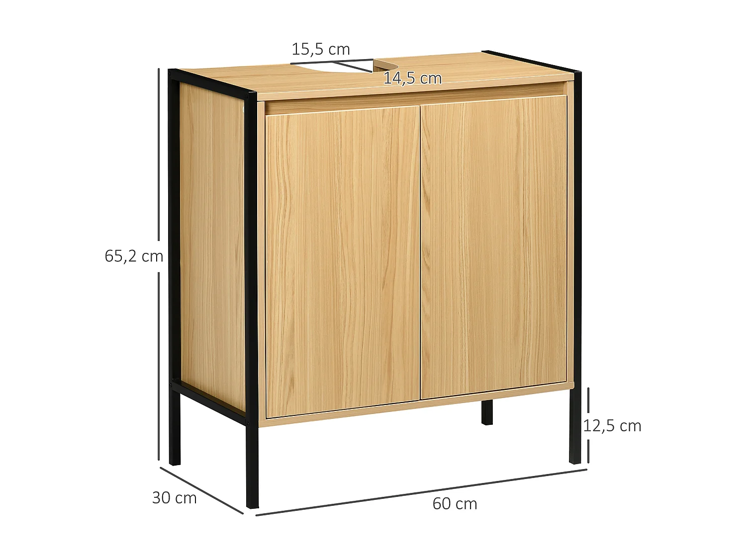 Meuble salle de bain - meuble sous-vasque - 2 portes, étagère réglable - dim. 60L x 30l x 65H cm - châssis acier noir panneaux aspect bois clair