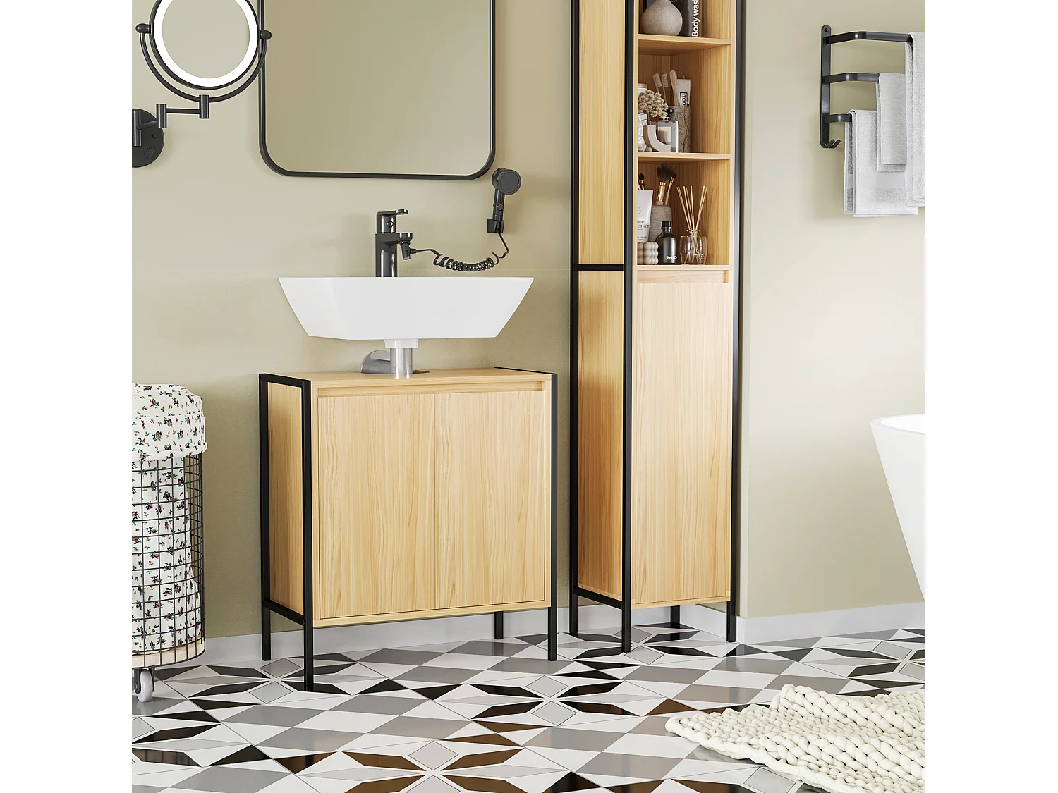 Meuble salle de bain - meuble sous-vasque - 2 portes, étagère réglable - dim. 60L x 30l x 65H cm - châssis acier noir panneaux aspect bois clair