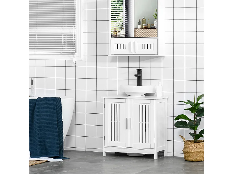 Meuble vasque - meuble sous-vasque - 2 portes rainurées avec étagère réglable - poignées alliage aluminium - dim. 60L x 30l x 60H cm - MDF blanc