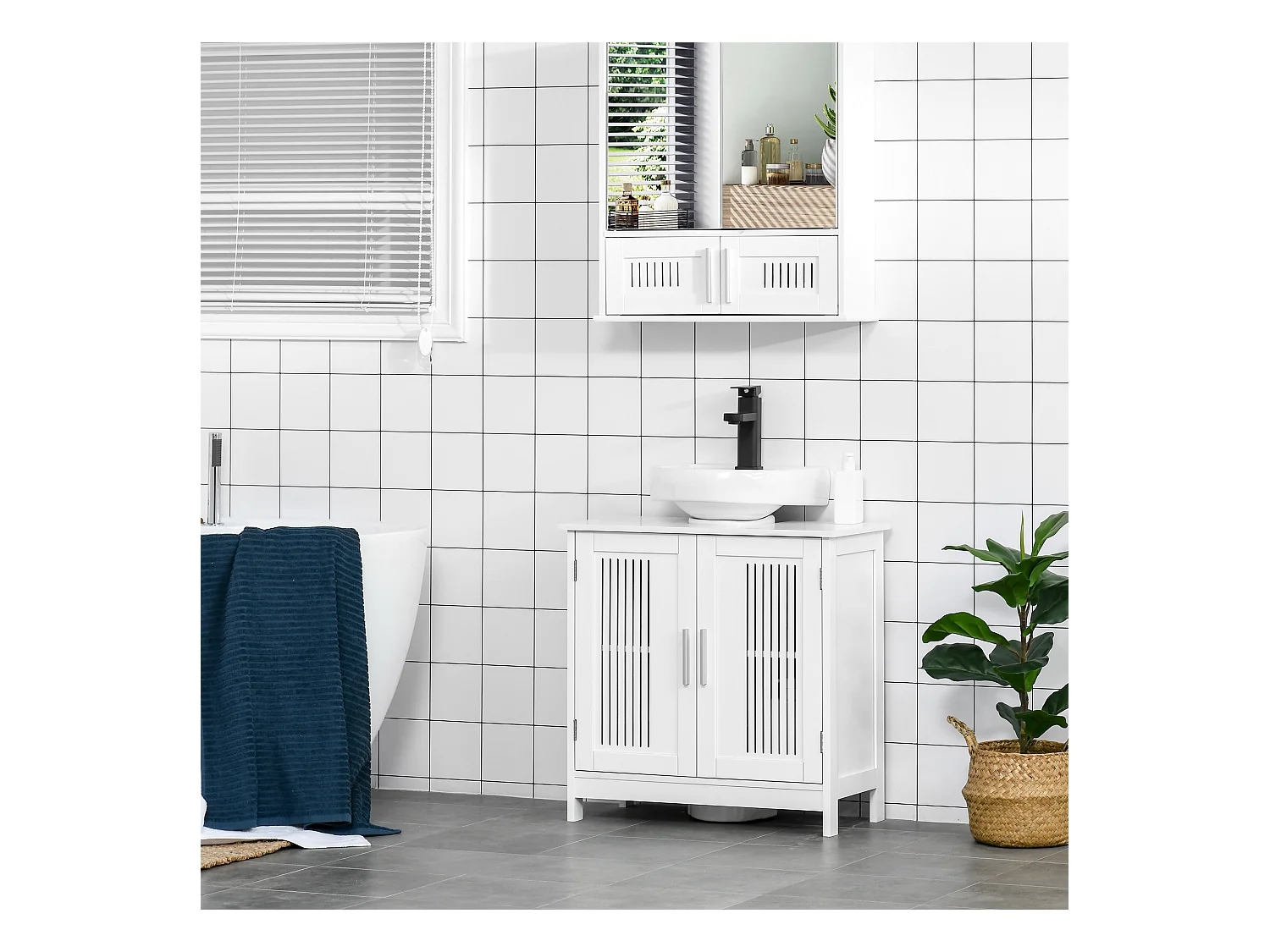 Meuble vasque - meuble sous-vasque - 2 portes rainurées avec étagère réglable - poignées alliage aluminium - dim. 60L x 30l x 60H cm - MDF blanc