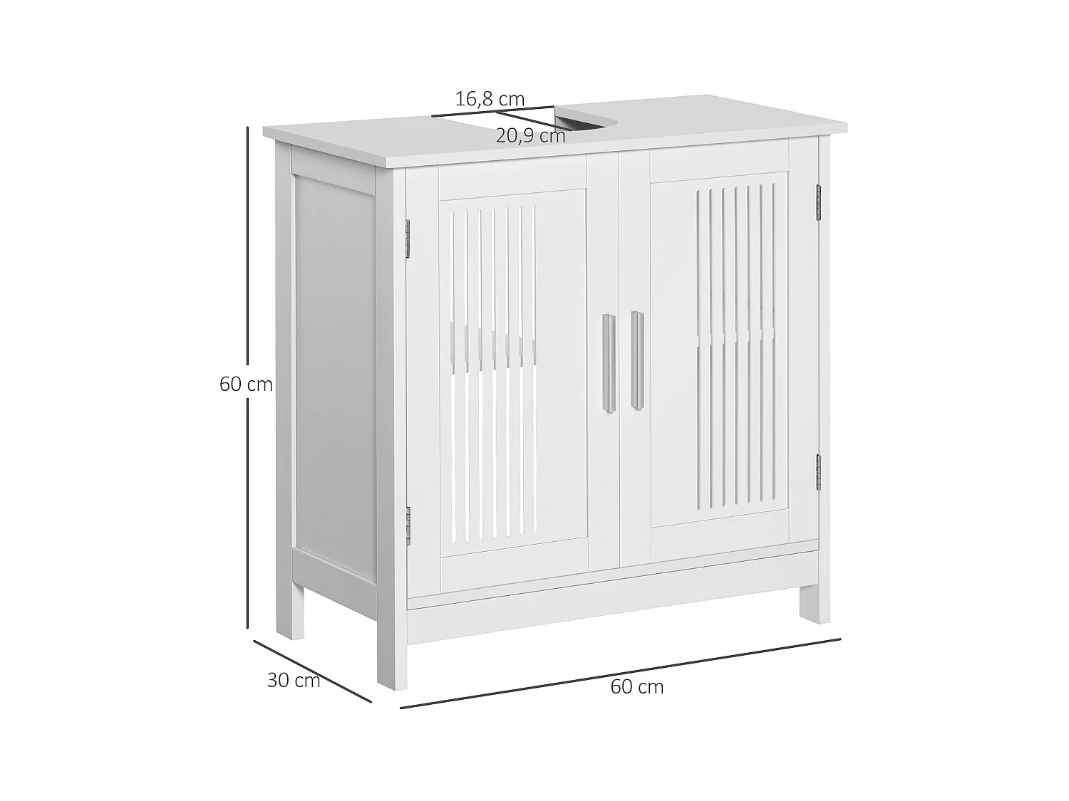 Meuble vasque - meuble sous-vasque - 2 portes rainurées avec étagère réglable - poignées alliage aluminium - dim. 60L x 30l x 60H cm - MDF blanc