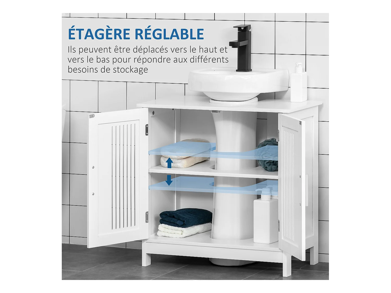 Meuble vasque - meuble sous-vasque - 2 portes rainurées avec étagère réglable - poignées alliage aluminium - dim. 60L x 30l x 60H cm - MDF blanc