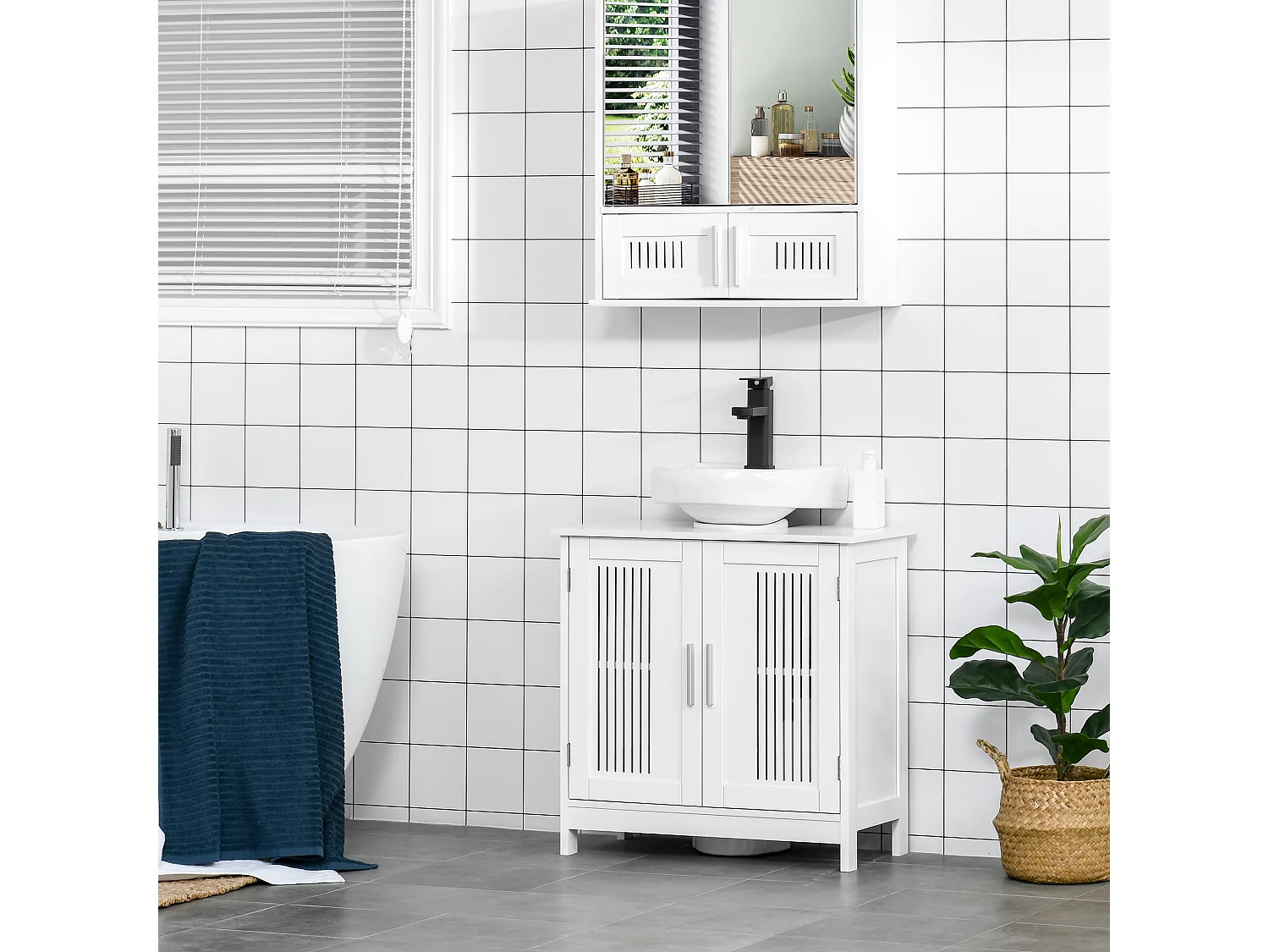 Meuble vasque - meuble sous-vasque - 2 portes rainurées avec étagère réglable - poignées alliage aluminium - dim. 60L x 30l x 60H cm - MDF blanc