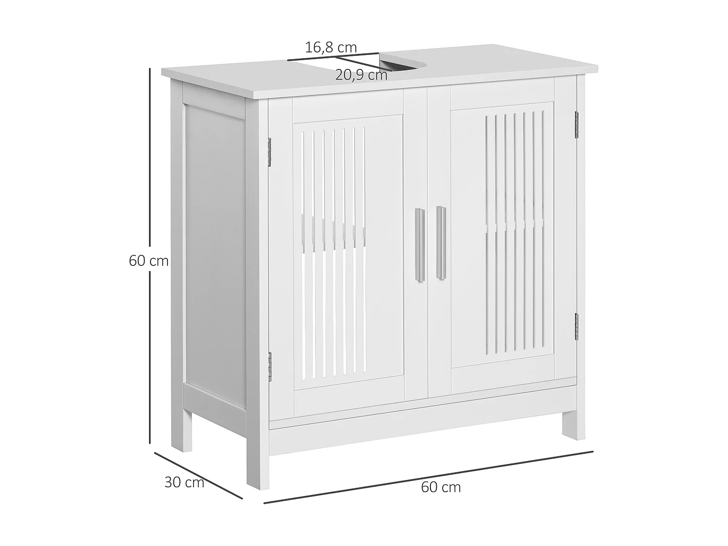 Meuble vasque - meuble sous-vasque - 2 portes rainurées avec étagère réglable - poignées alliage aluminium - dim. 60L x 30l x 60H cm - MDF blanc