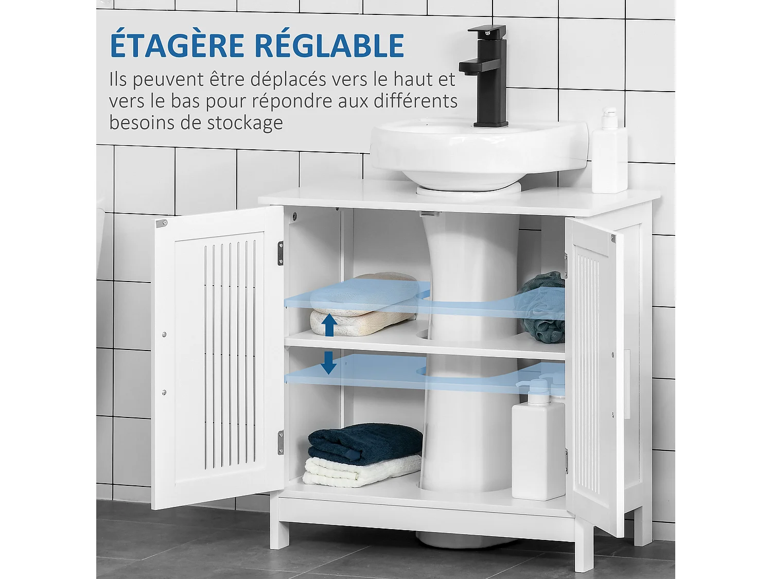 Meuble vasque - meuble sous-vasque - 2 portes rainurées avec étagère réglable - poignées alliage aluminium - dim. 60L x 30l x 60H cm - MDF blanc