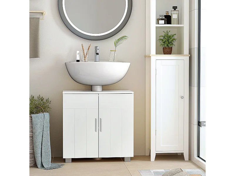 Meuble vasque - meuble sous-vasque - 2 portes rainurées, 2 étagères - poignées alliage aluminium - dim. 60L x 30l x 60H cm - MDF blanc