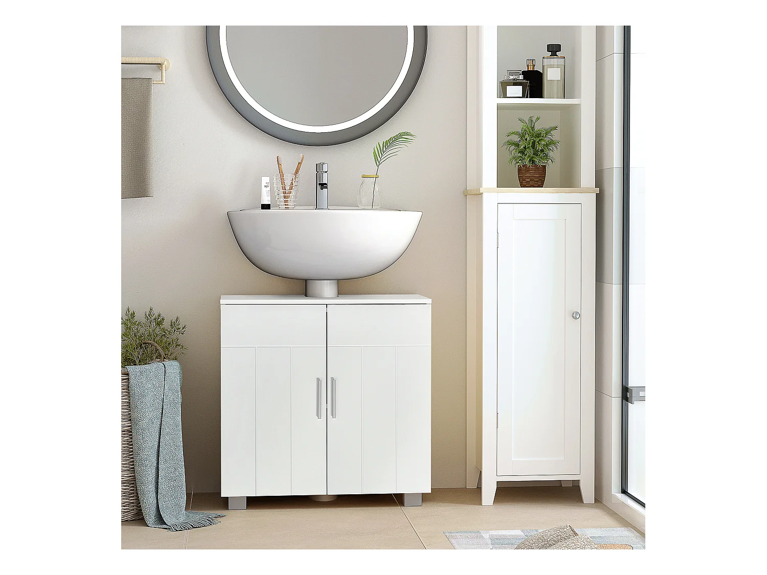 Meuble vasque - meuble sous-vasque - 2 portes rainurées, 2 étagères - poignées alliage aluminium - dim. 60L x 30l x 60H cm - MDF blanc