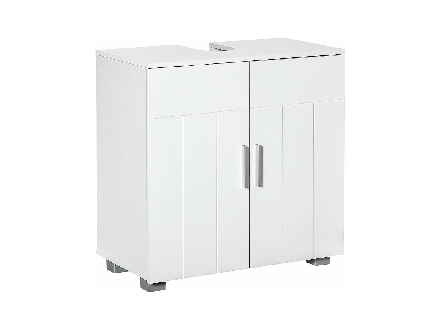 Meuble vasque - meuble sous-vasque - 2 portes rainurées, 2 étagères - poignées alliage aluminium - dim. 60L x 30l x 60H cm - MDF blanc