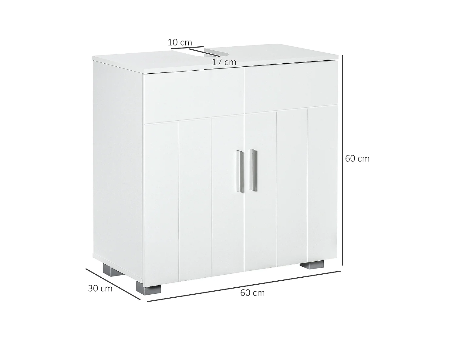 Meuble vasque - meuble sous-vasque - 2 portes rainurées, 2 étagères - poignées alliage aluminium - dim. 60L x 30l x 60H cm - MDF blanc