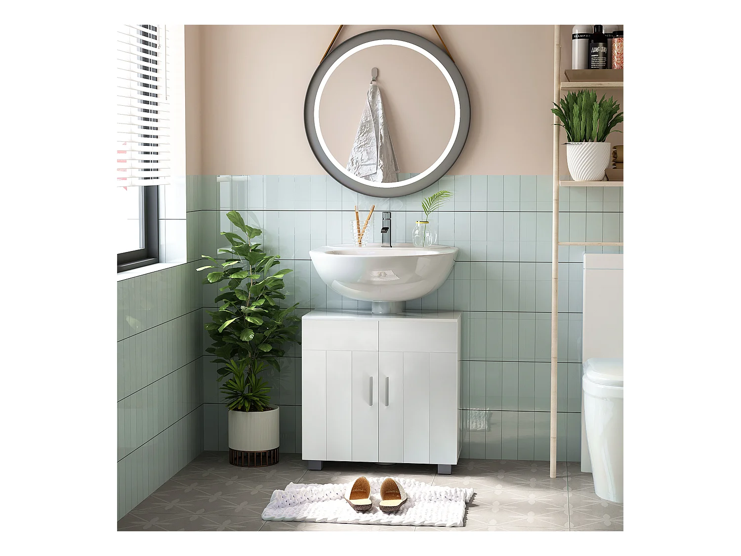 Meuble vasque - meuble sous-vasque - 2 portes rainurées, 2 étagères - poignées alliage aluminium - dim. 60L x 30l x 60H cm - MDF blanc