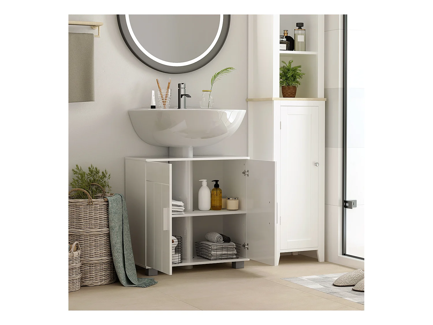 Meuble vasque - meuble sous-vasque - 2 portes rainurées, 2 étagères - poignées alliage aluminium - dim. 60L x 30l x 60H cm - MDF blanc