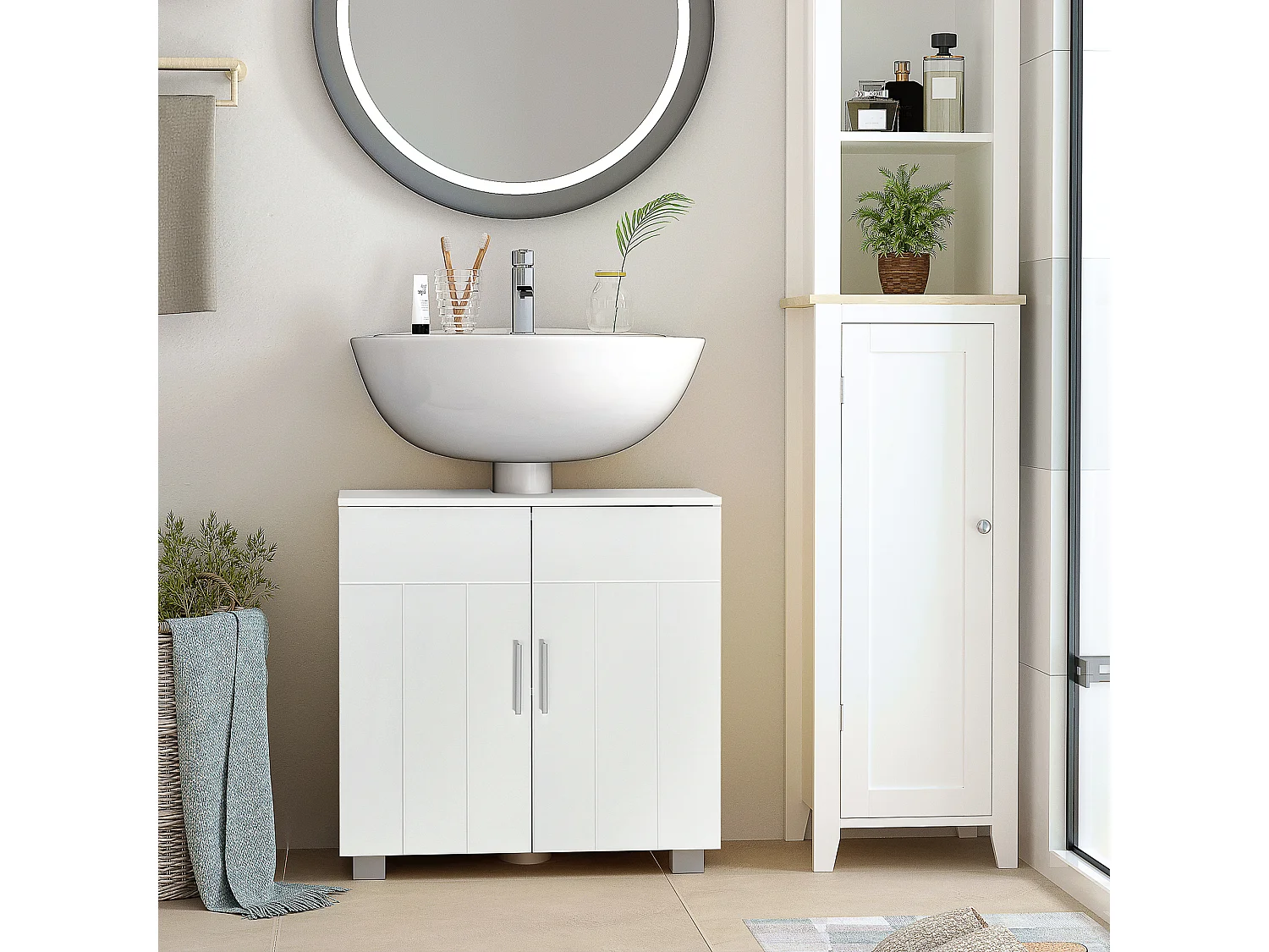 Meuble vasque - meuble sous-vasque - 2 portes rainurées, 2 étagères - poignées alliage aluminium - dim. 60L x 30l x 60H cm - MDF blanc