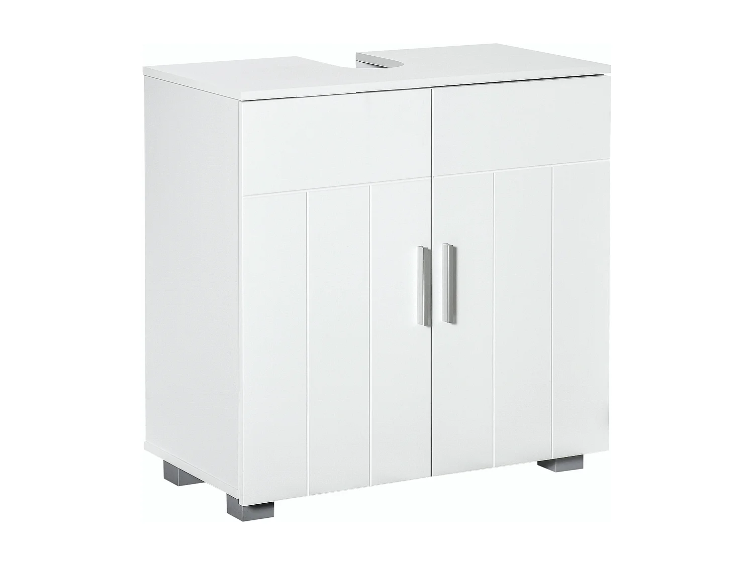 Meuble vasque - meuble sous-vasque - 2 portes rainurées, 2 étagères - poignées alliage aluminium - dim. 60L x 30l x 60H cm - MDF blanc