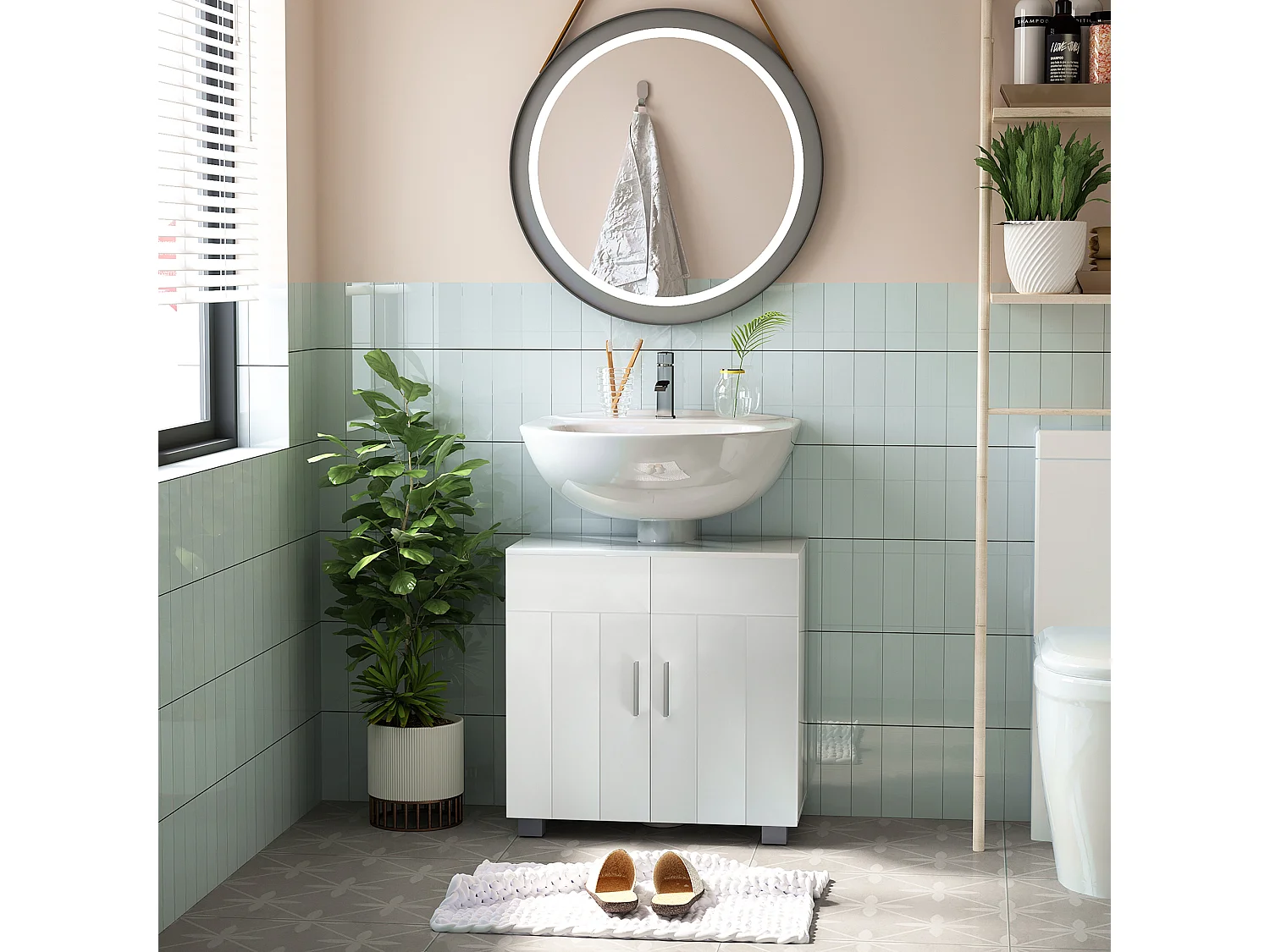 Meuble vasque - meuble sous-vasque - 2 portes rainurées, 2 étagères - poignées alliage aluminium - dim. 60L x 30l x 60H cm - MDF blanc