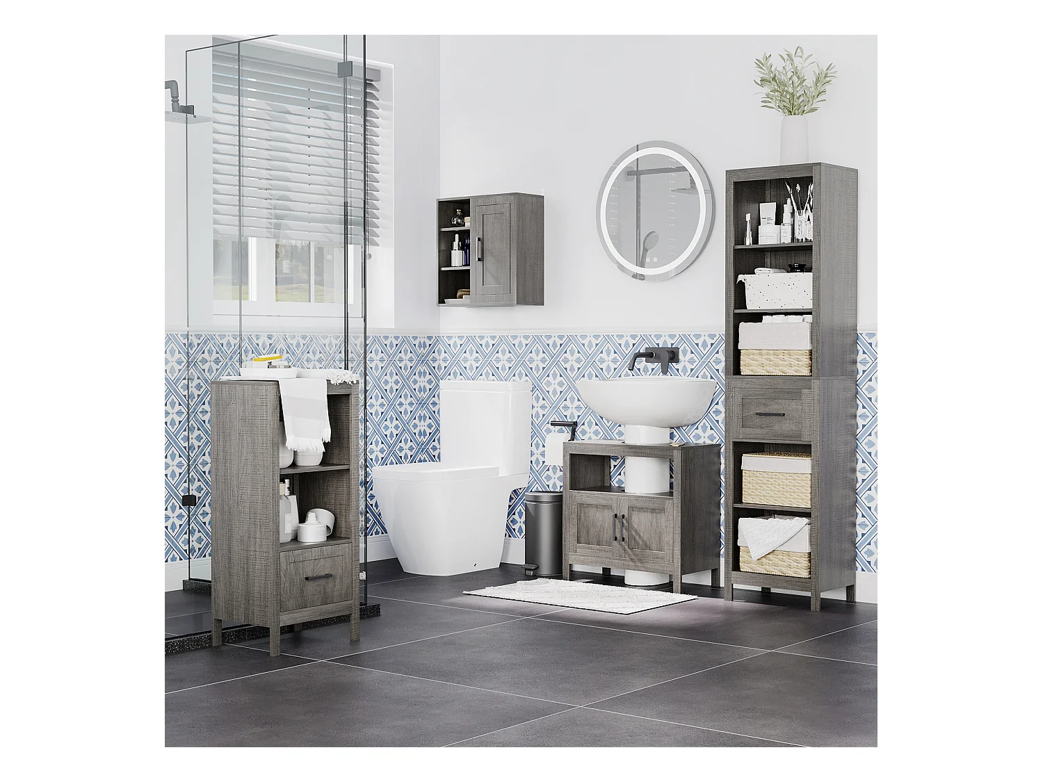 Meuble salle de bain - meuble sous-vasque - placard 2 portes, niche - dim. 60L x 30l x 60H cm - panneaux de particules aspect bois gris
