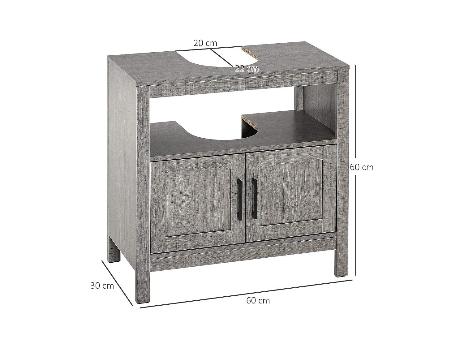 Meuble salle de bain - meuble sous-vasque - placard 2 portes, niche - dim. 60L x 30l x 60H cm - panneaux de particules aspect bois gris