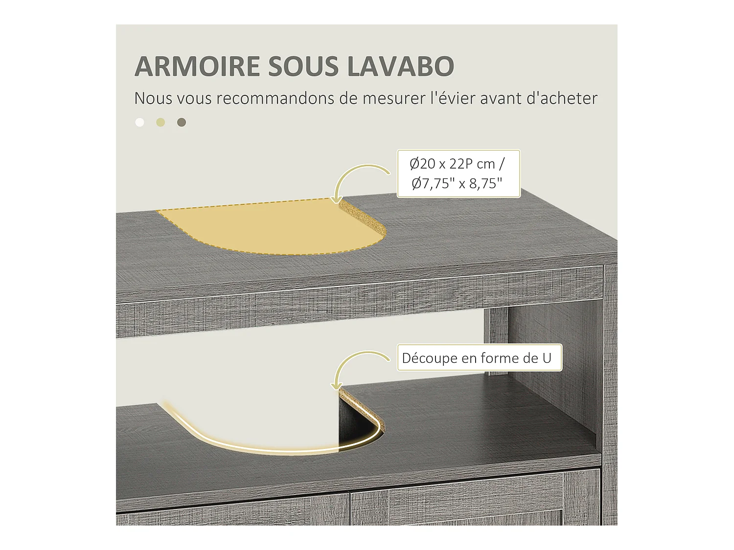 Meuble salle de bain - meuble sous-vasque - placard 2 portes, niche - dim. 60L x 30l x 60H cm - panneaux de particules aspect bois gris