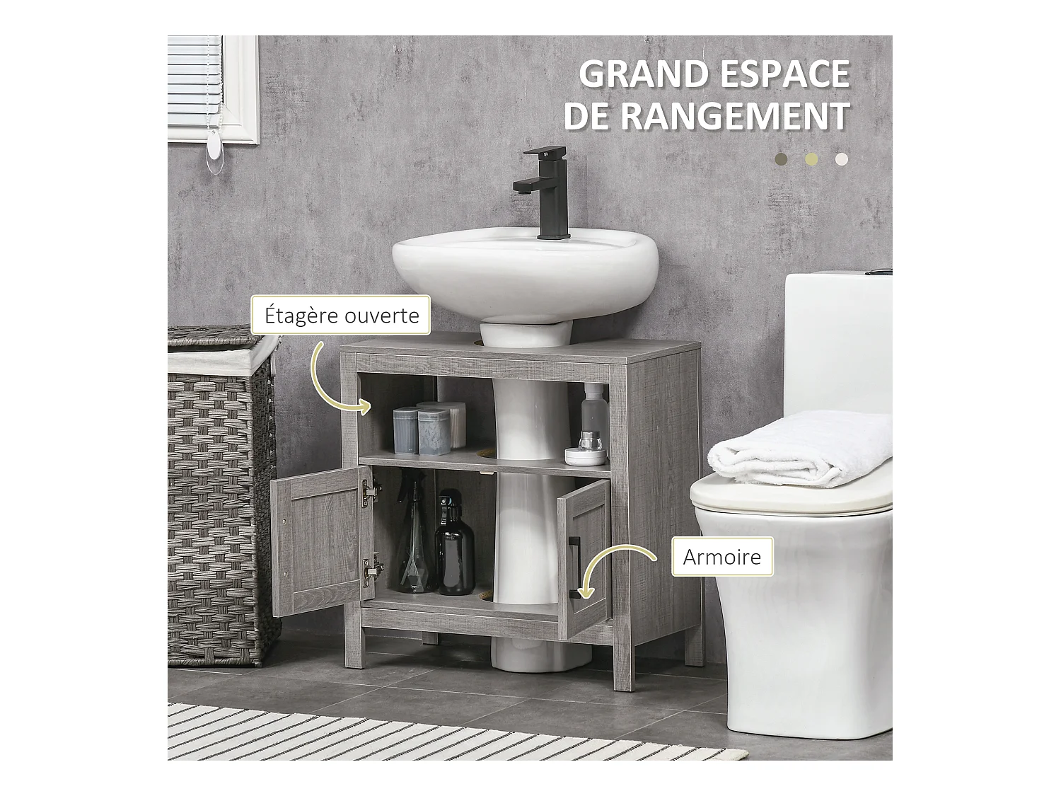 Meuble salle de bain - meuble sous-vasque - placard 2 portes, niche - dim. 60L x 30l x 60H cm - panneaux de particules aspect bois gris