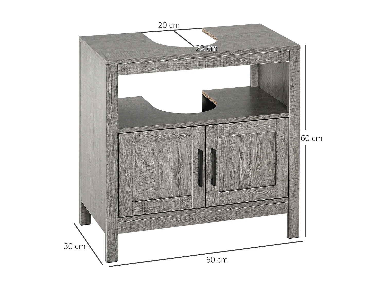 Meuble salle de bain - meuble sous-vasque - placard 2 portes, niche - dim. 60L x 30l x 60H cm - panneaux de particules aspect bois gris