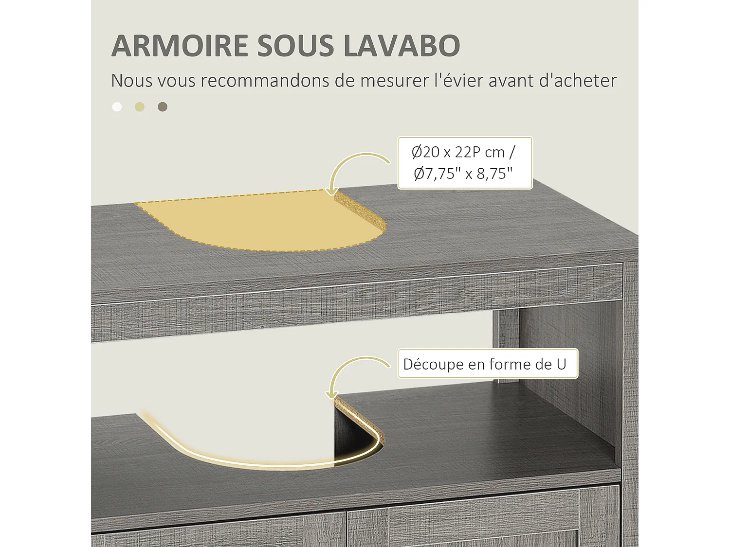 Meuble salle de bain - meuble sous-vasque - placard 2 portes, niche - dim. 60L x 30l x 60H cm - panneaux de particules aspect bois gris