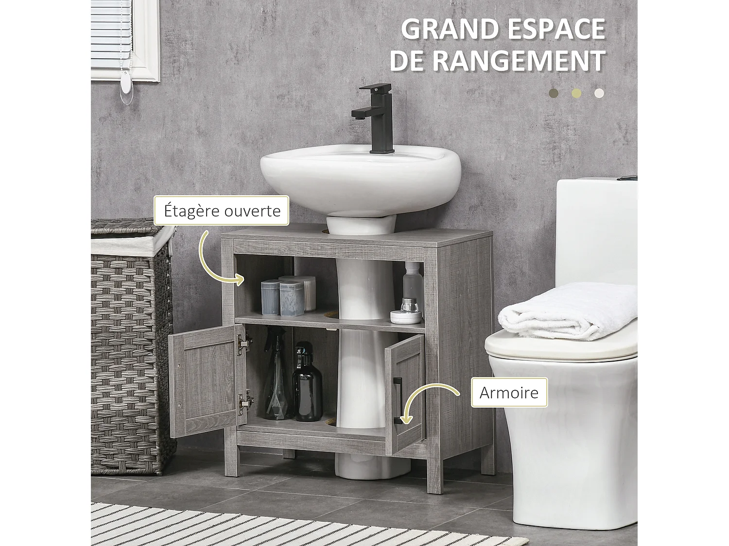 Meuble salle de bain - meuble sous-vasque - placard 2 portes, niche - dim. 60L x 30l x 60H cm - panneaux de particules aspect bois gris