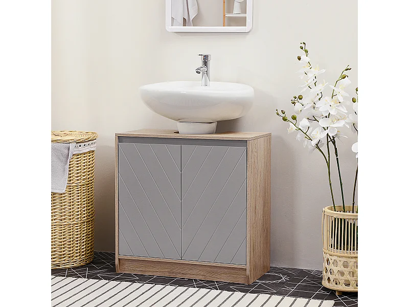 Meuble salle de bain - meuble sous-vasque - placard 2 portes avec étagère - dim. 60L x 30l x 59H cm - panneaux particules chêne clair gris