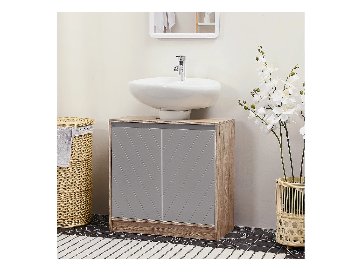 Meuble salle de bain - meuble sous-vasque - placard 2 portes avec étagère - dim. 60L x 30l x 59H cm - panneaux particules chêne clair gris