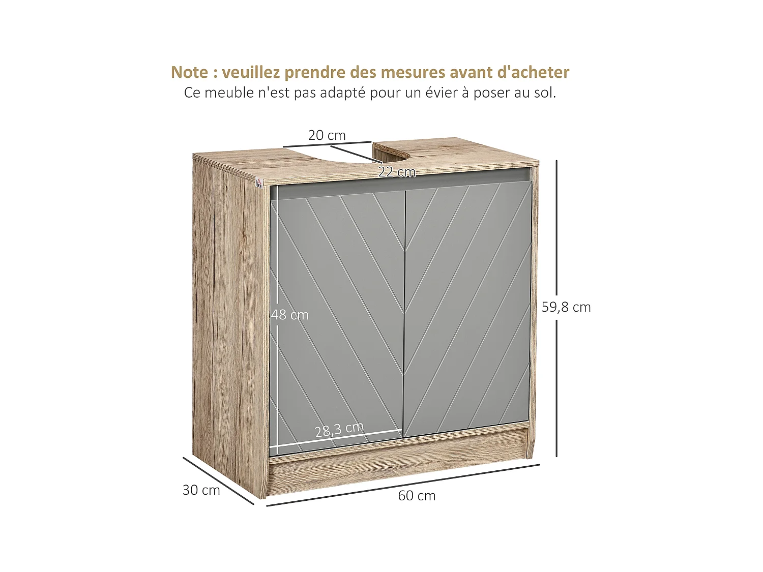 Meuble salle de bain - meuble sous-vasque - placard 2 portes avec étagère - dim. 60L x 30l x 59H cm - panneaux particules chêne clair gris