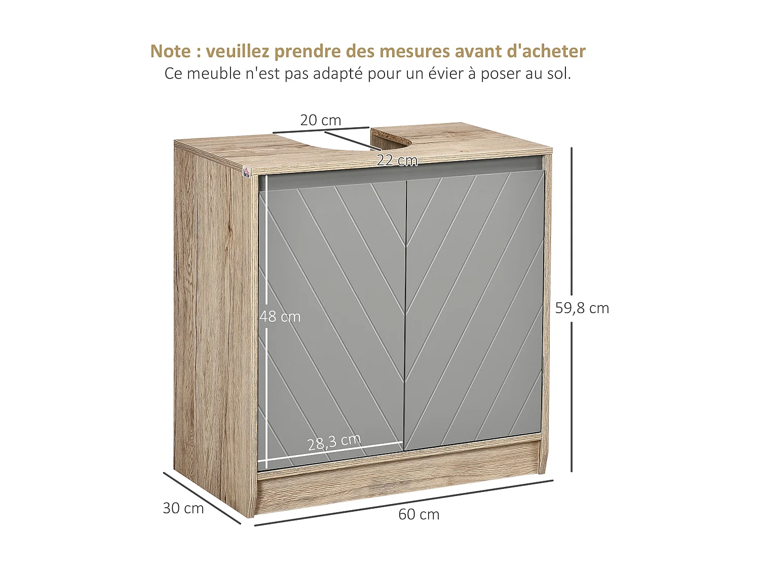 Meuble salle de bain - meuble sous-vasque - placard 2 portes avec étagère - dim. 60L x 30l x 59H cm - panneaux particules chêne clair gris