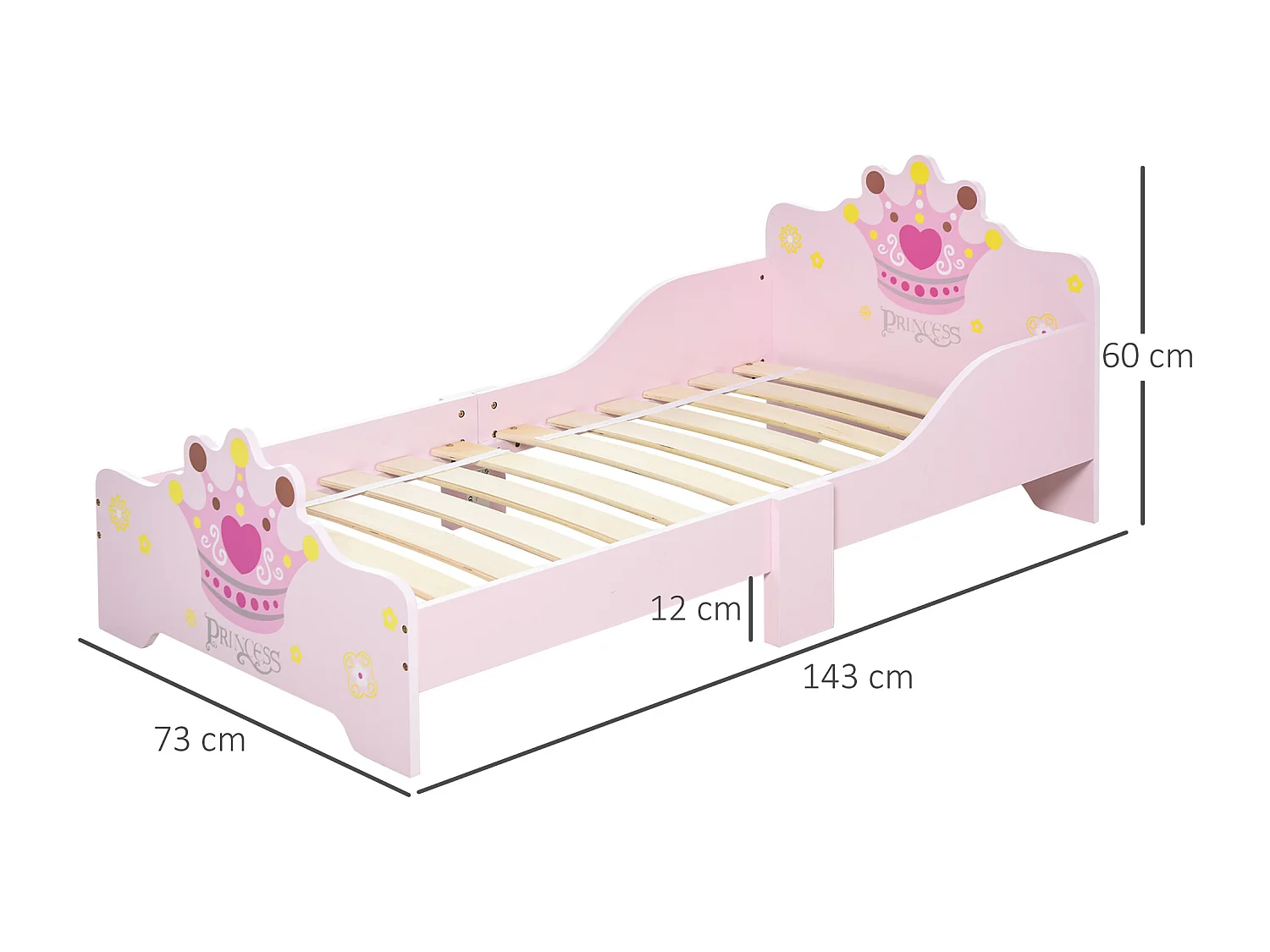 Lit enfant - lit d'enfant design princesse motif couronne - sommier à lattes inclus - MDF contre-plaqué rose